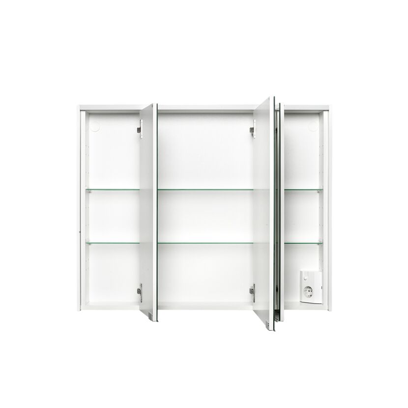 Weißer Spiegelschrank mit geöffneten Türen und Glaseinlegeböden.
