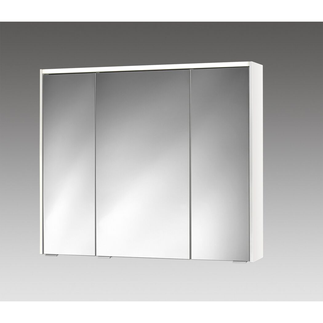 Weißer Spiegelschrank mit drei Spiegeltüren.