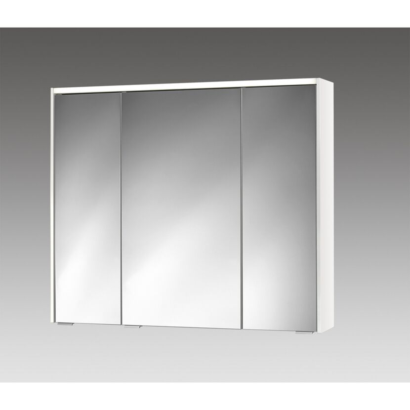 Weißer Spiegelschrank mit drei Spiegeltüren.