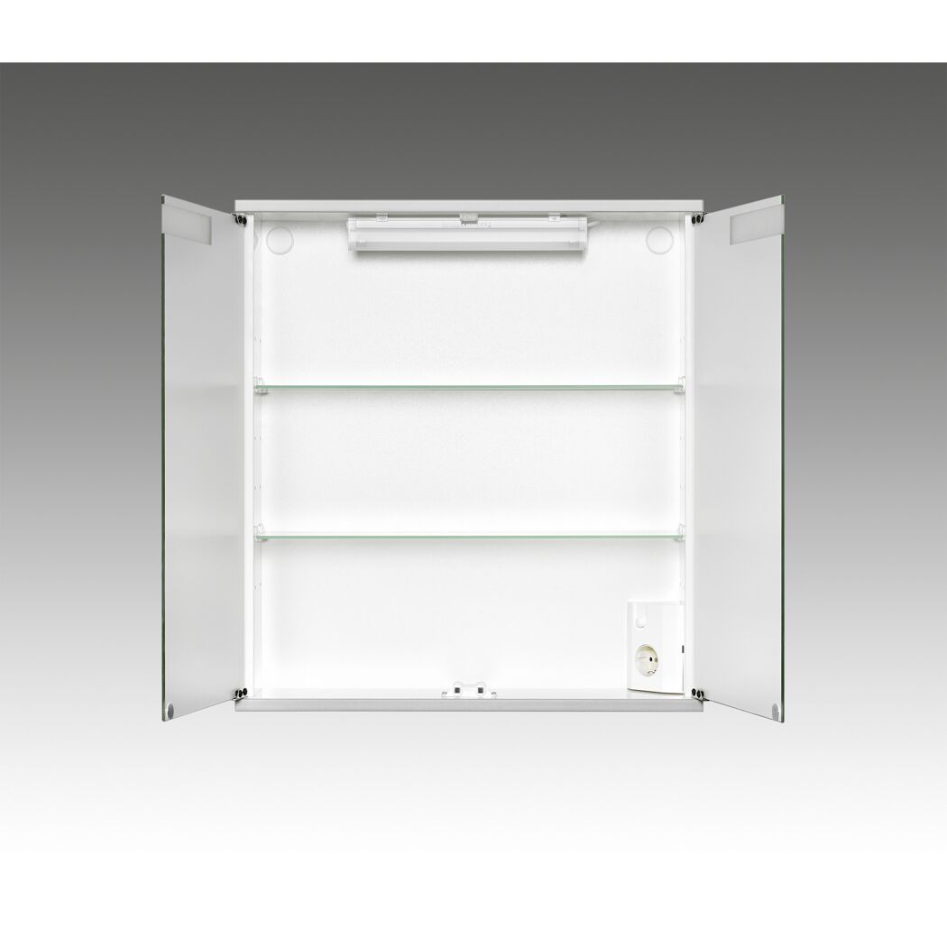 Geöffneter Spiegelschrank Cento60 mit Beleuchtung und Steckdose