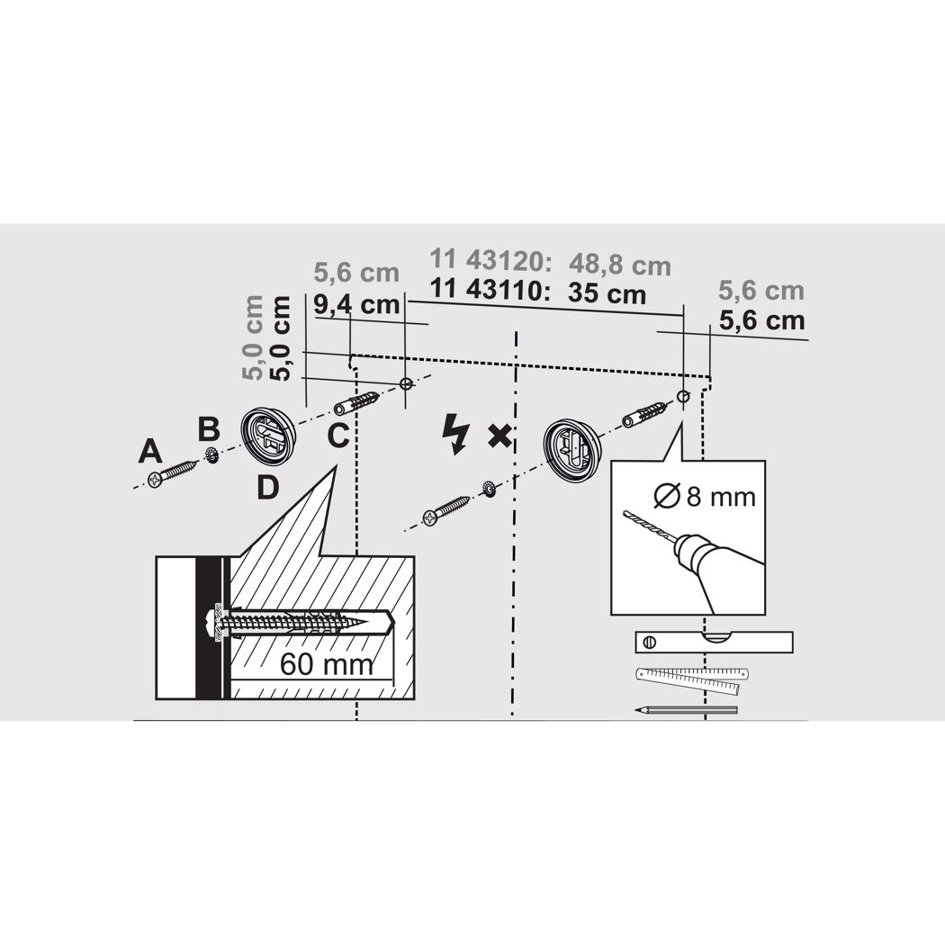 Montageanleitung Spiegelschrank Cento60 mit Bohrer, Stift und Wasserwaage