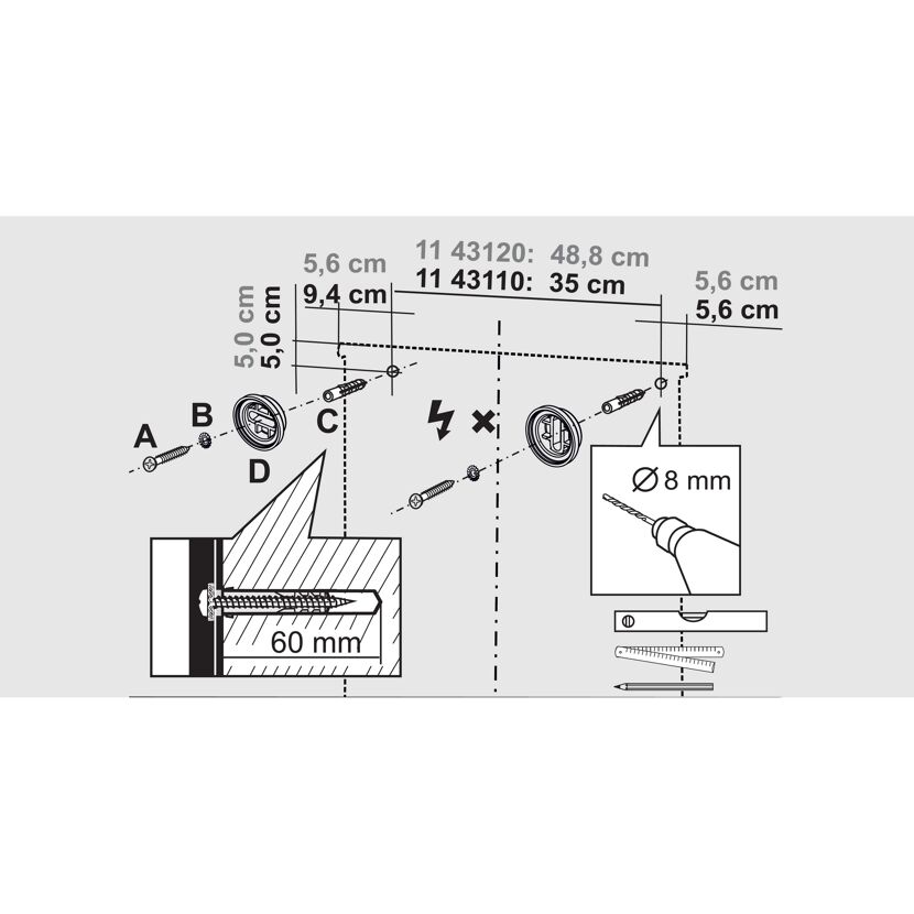 Montageanleitung Spiegelschrank Cento60 mit Bohrer, Stift und Wasserwaage