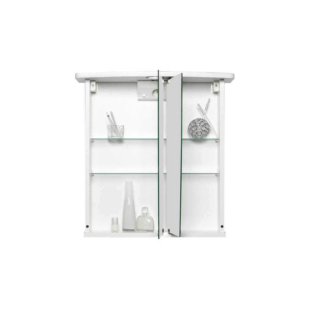 Weißer Spiegelschrank mit geöffneter Spiegeltür und Glasablagen