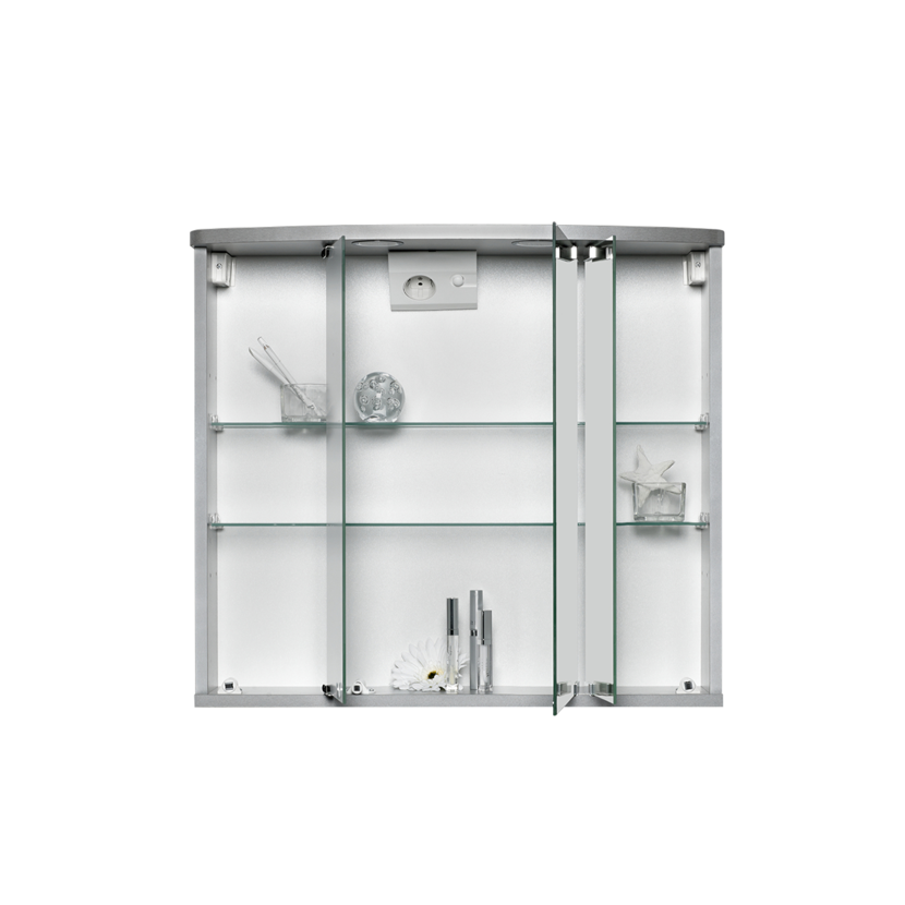 Geöffneter Spiegelschrank Doro, alufarben, mit Glasablagen