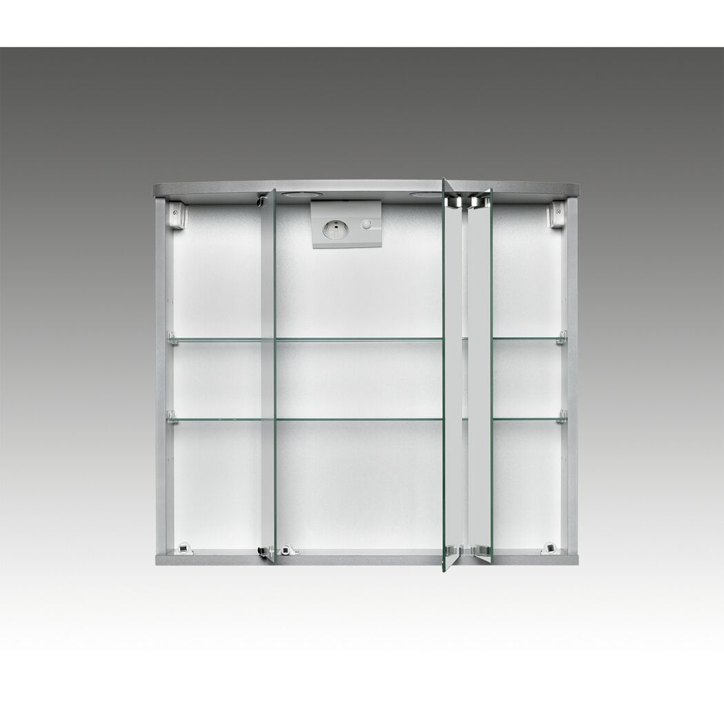 Geöffneter Spiegelschrank Doro, alufarben, mit Glaseinlegeböden