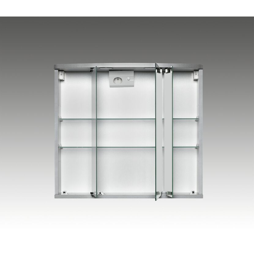 Geöffneter Spiegelschrank Doro, alufarben, mit Glaseinlegeböden
