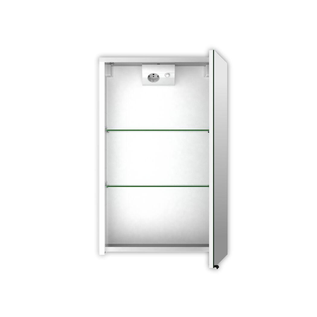 Weißer Spiegelschrank mit offener Tür und zwei Glasablagen.