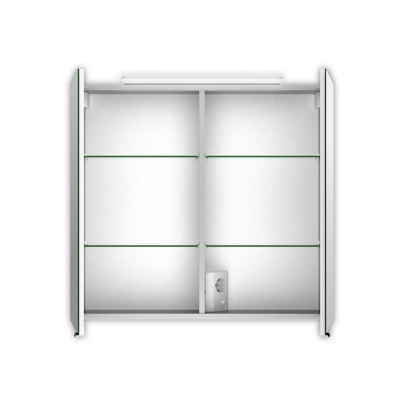 Geöffneter Spiegelschrank mit Beleuchtung und Steckdose