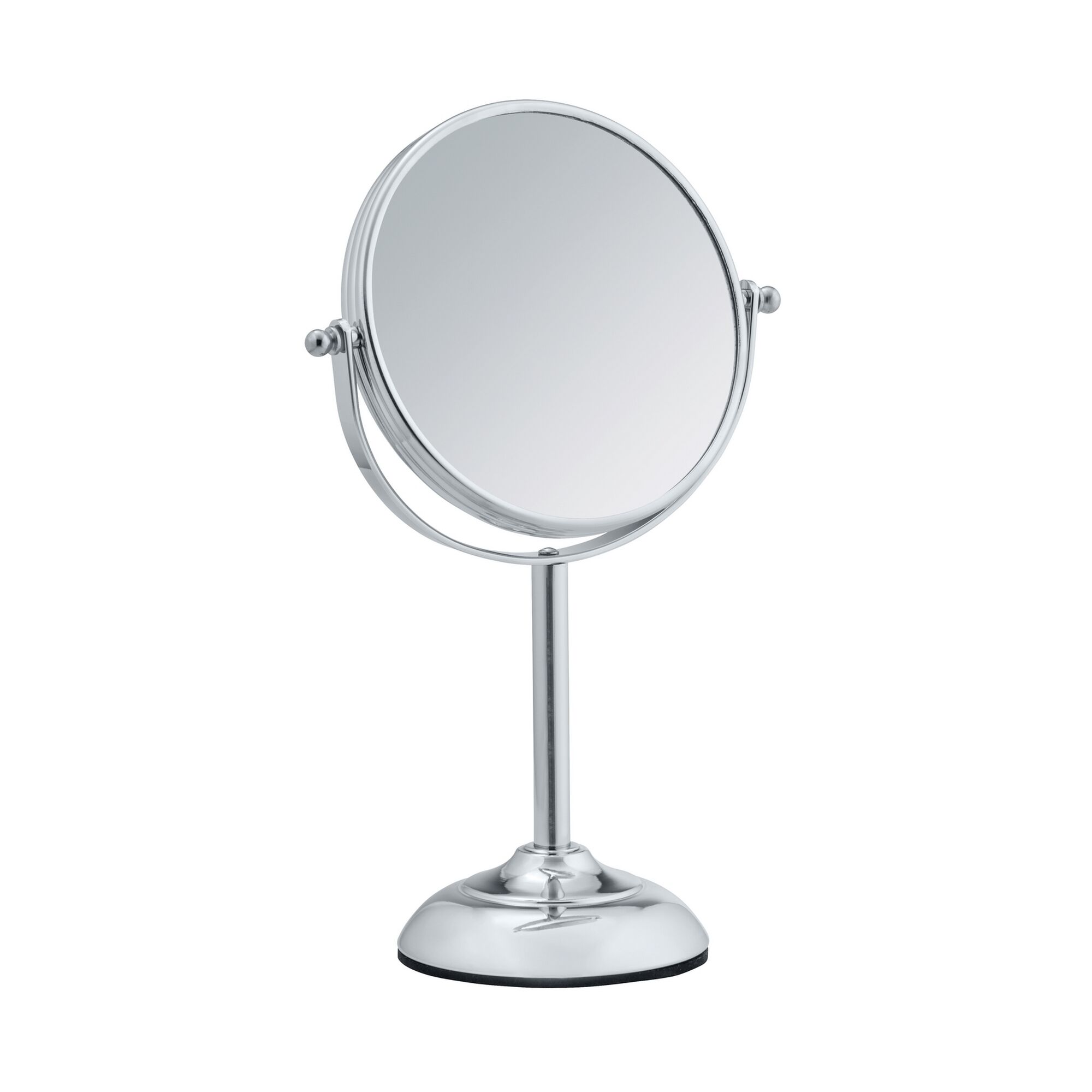 Verchromter Kosmetikspiegel mit rundem Spiegel.