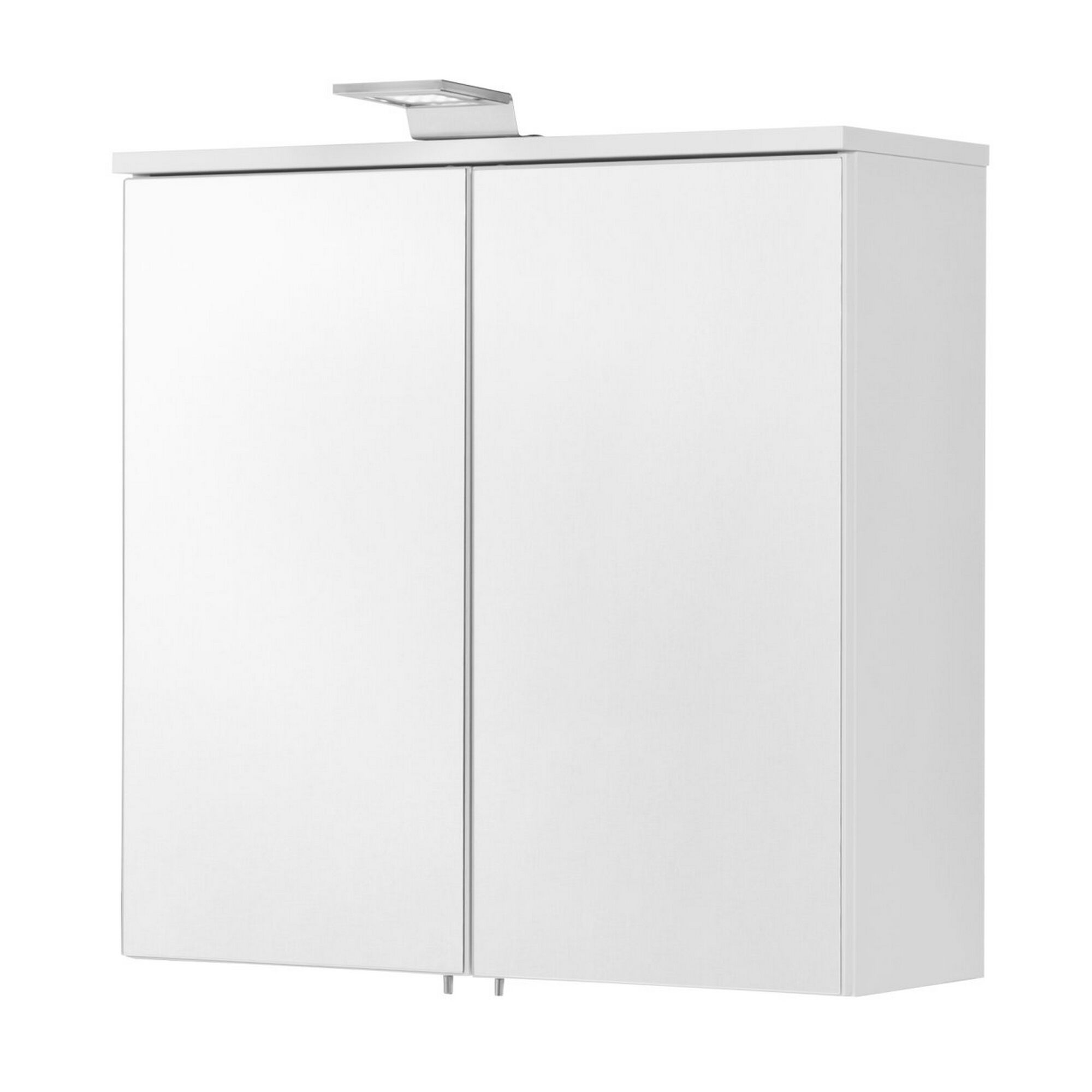 Weißer Spiegelschrank mit zwei Türen und LED-Lampe.