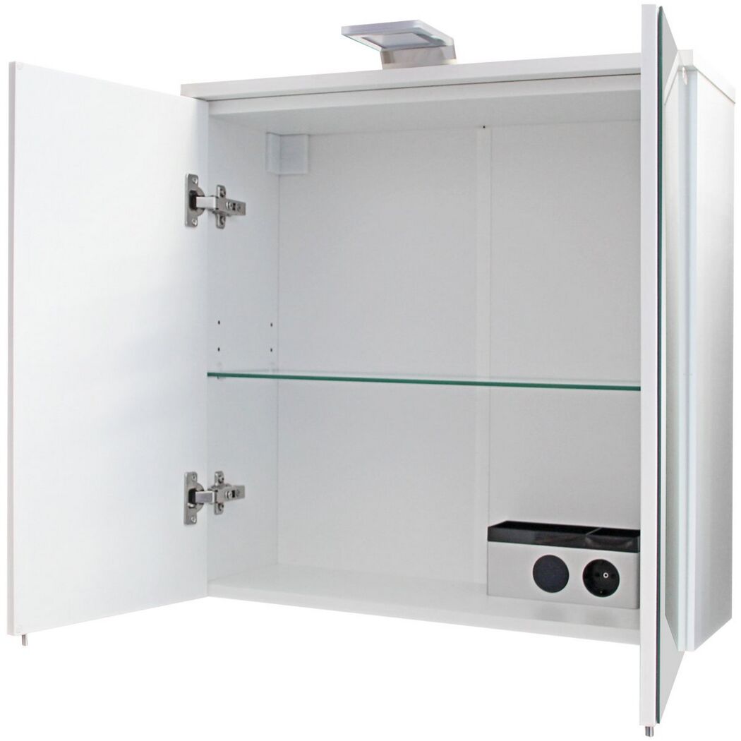 Weißer Badezimmerschrank mit offener Tür und Beleuchtung.