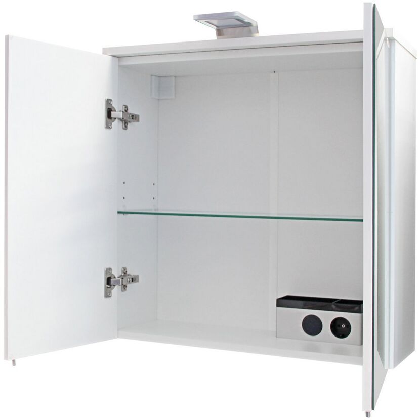 Weißer Badezimmerschrank mit offener Tür und Beleuchtung.