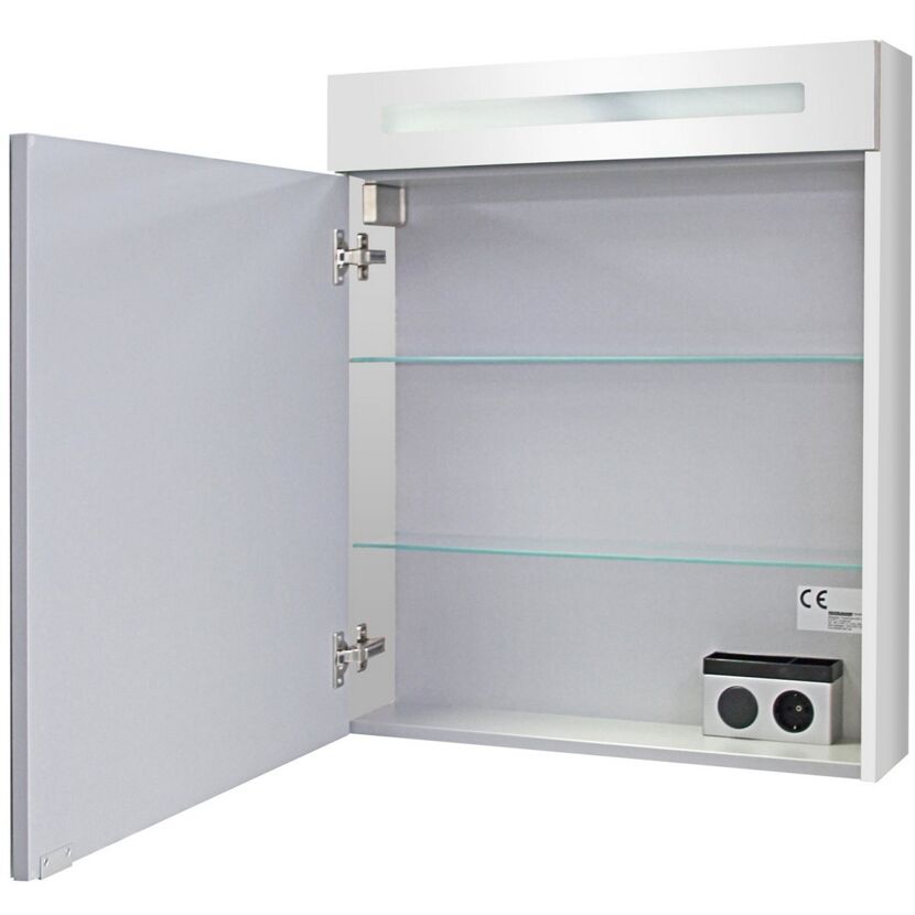 Offener Spiegelschrank mit Beleuchtung und Steckdose