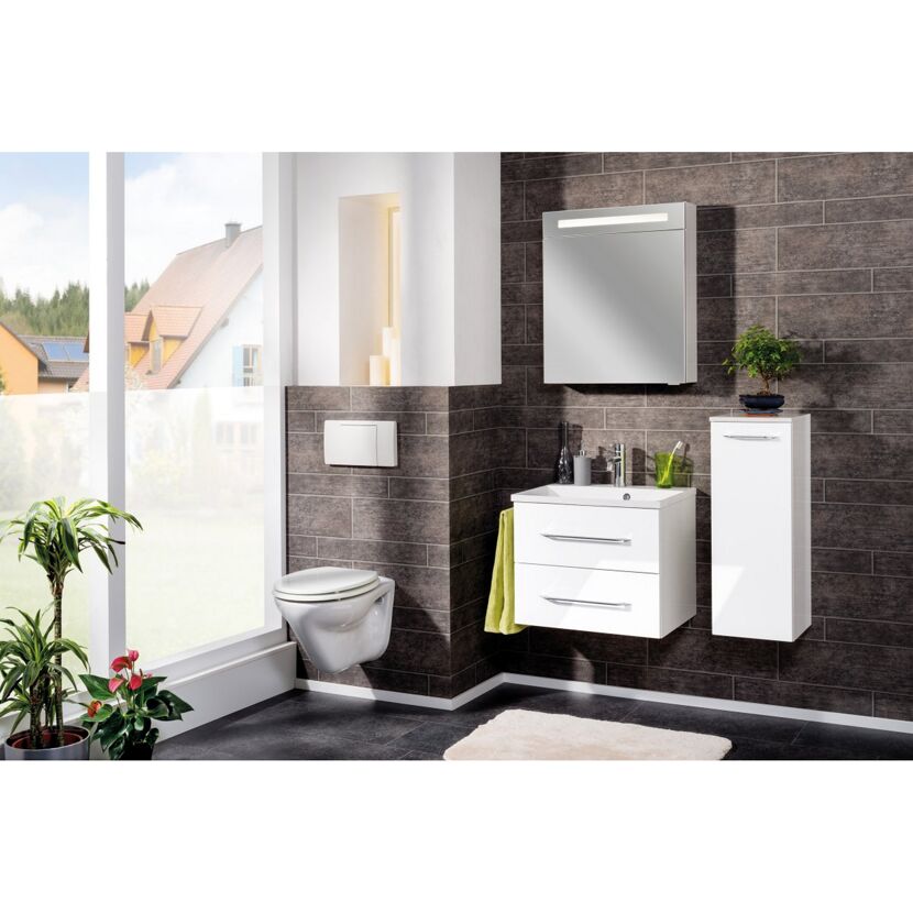 Modernes Badezimmer mit weißen Möbeln und grauen Fliesen