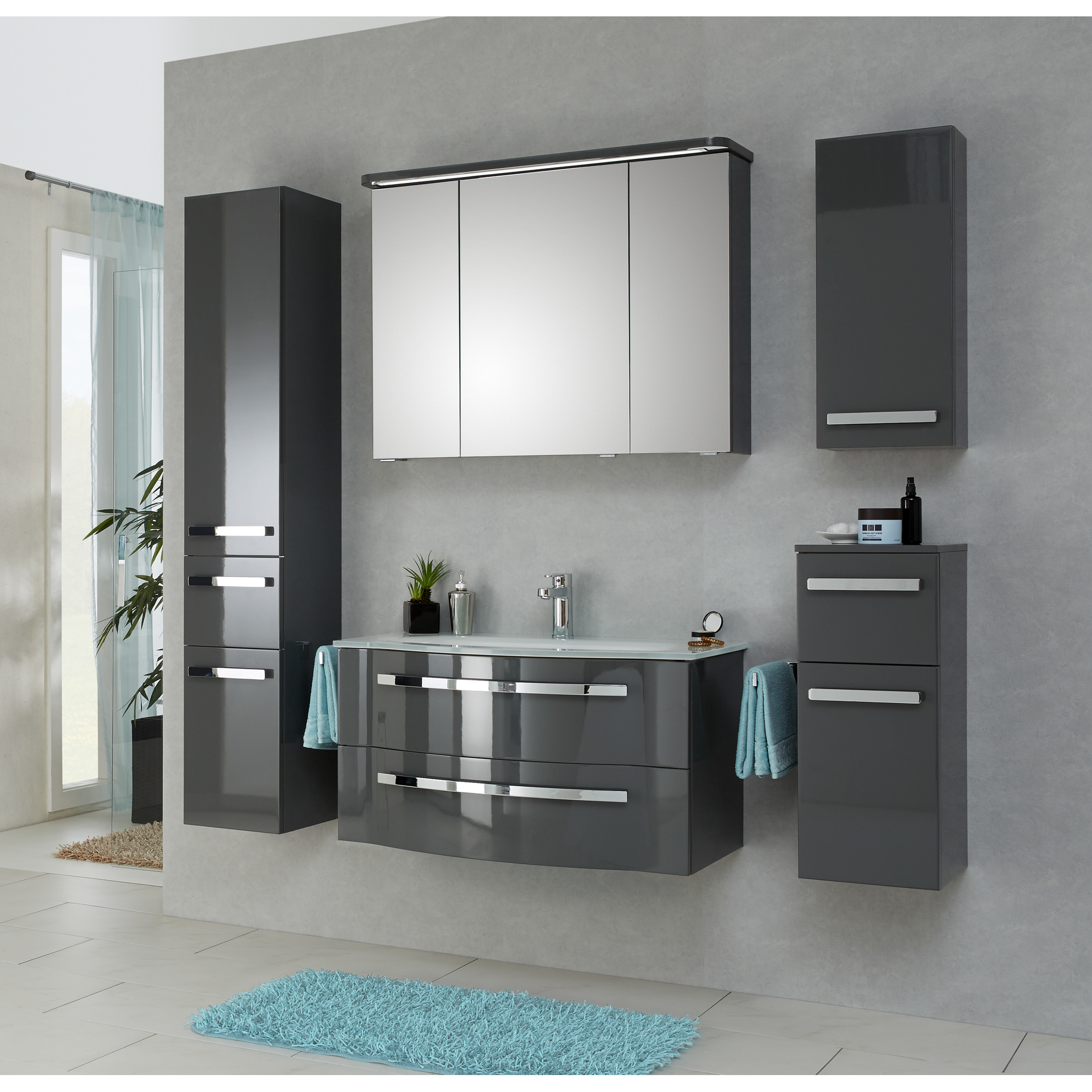 Waschbeckenunterschrank 'Juno' grau glänzend 90 x 48,2 x 48,1 cm