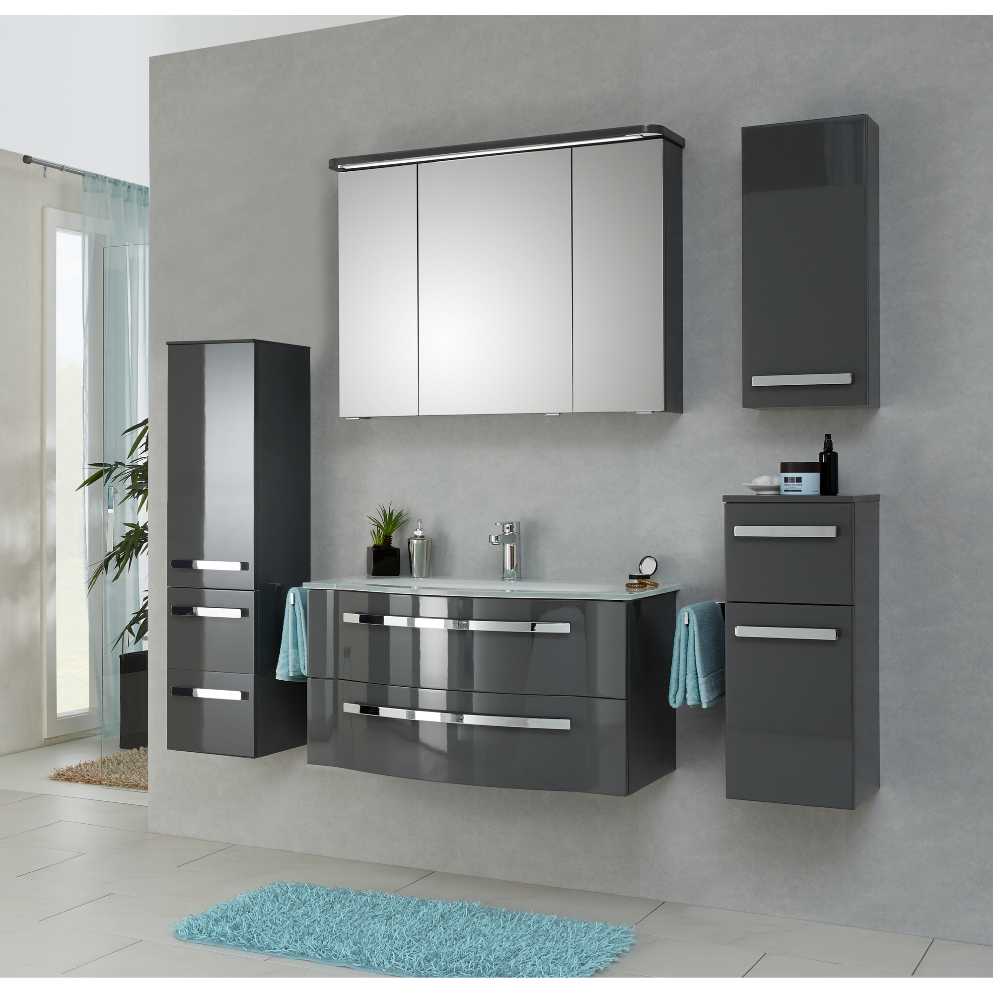 Waschbeckenunterschrank 'Juno' grau glänzend 90 x 48,2 x 48,1 cm