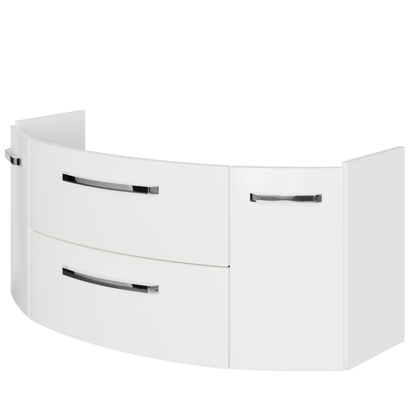 Weißer Unterschrank mit zwei Schubladen und zwei Schranktüren.