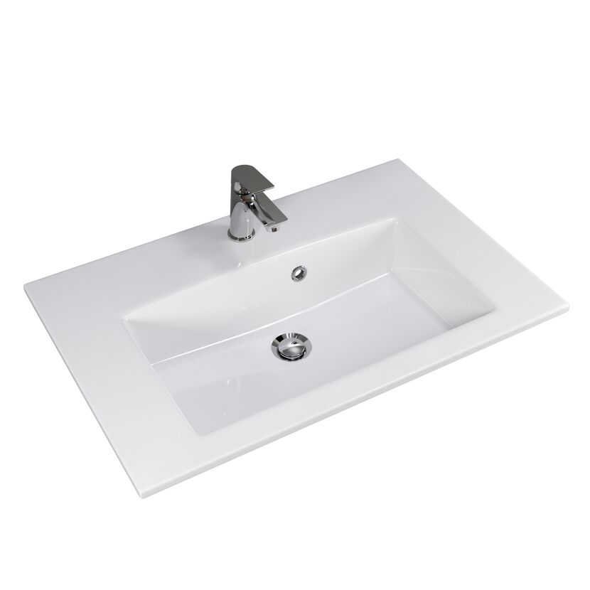 Weißes Waschbecken mit Wasserhahn und Abfluss.