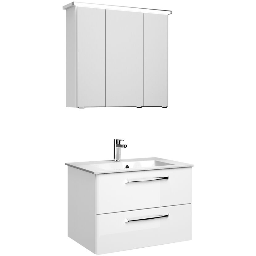 Weißer Badblock mit zwei Schubladen und Spiegelschrank.