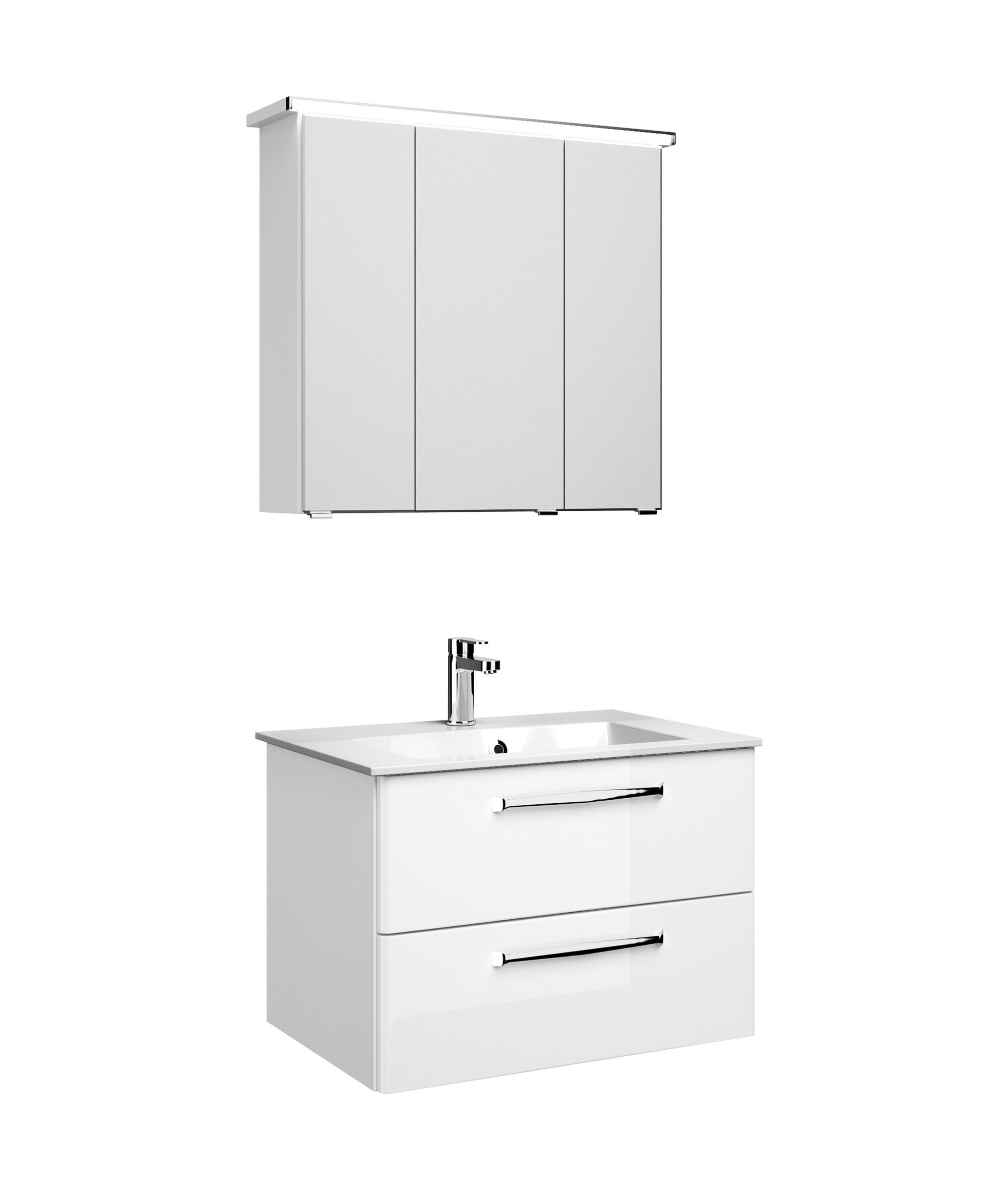 Weißer Badblock mit zwei Schubladen und Spiegelschrank.