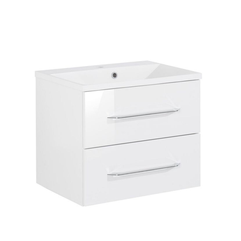 Weißer Waschbeckenunterschrank mit zwei Schubladen.