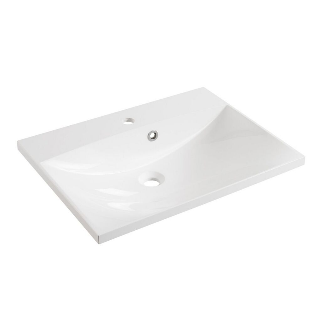 Weißes Waschbecken mit Armaturloch und Überlauf.