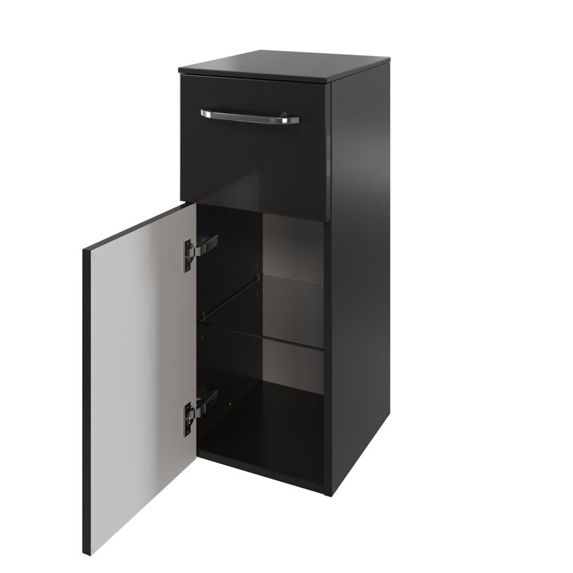 Schwarzes Highboard mit offener Tür und Schublade.
