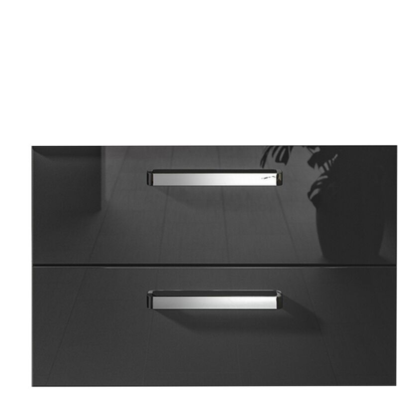 Anthrazitfarbener Waschbeckenunterschrank mit zwei Auszügen und Metallgriffen.