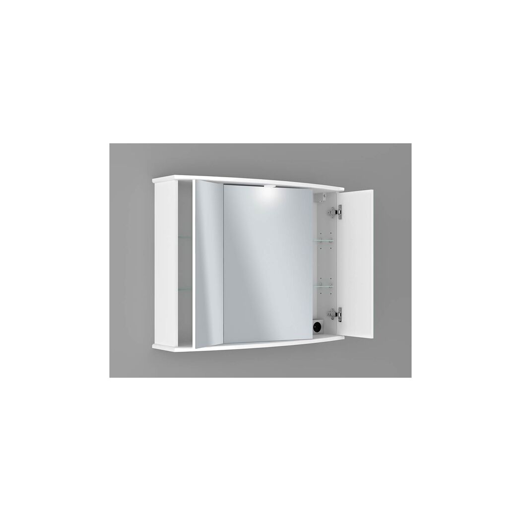 Weißer LED-Spiegelschrank mit geöffneter Tür