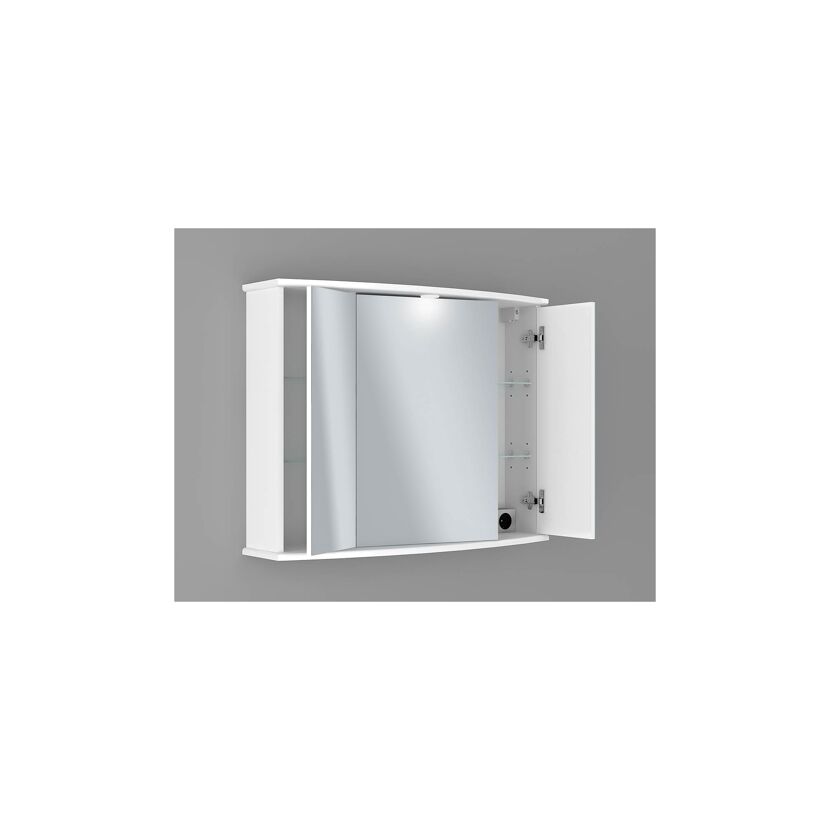 Weißer LED-Spiegelschrank mit geöffneter Tür