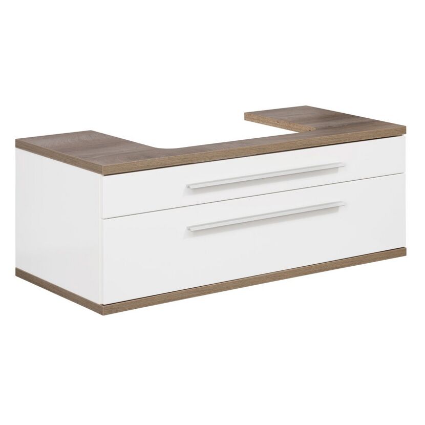 Weißer Waschtischunterschrank mit zwei Schubladen und brauner Ablage.