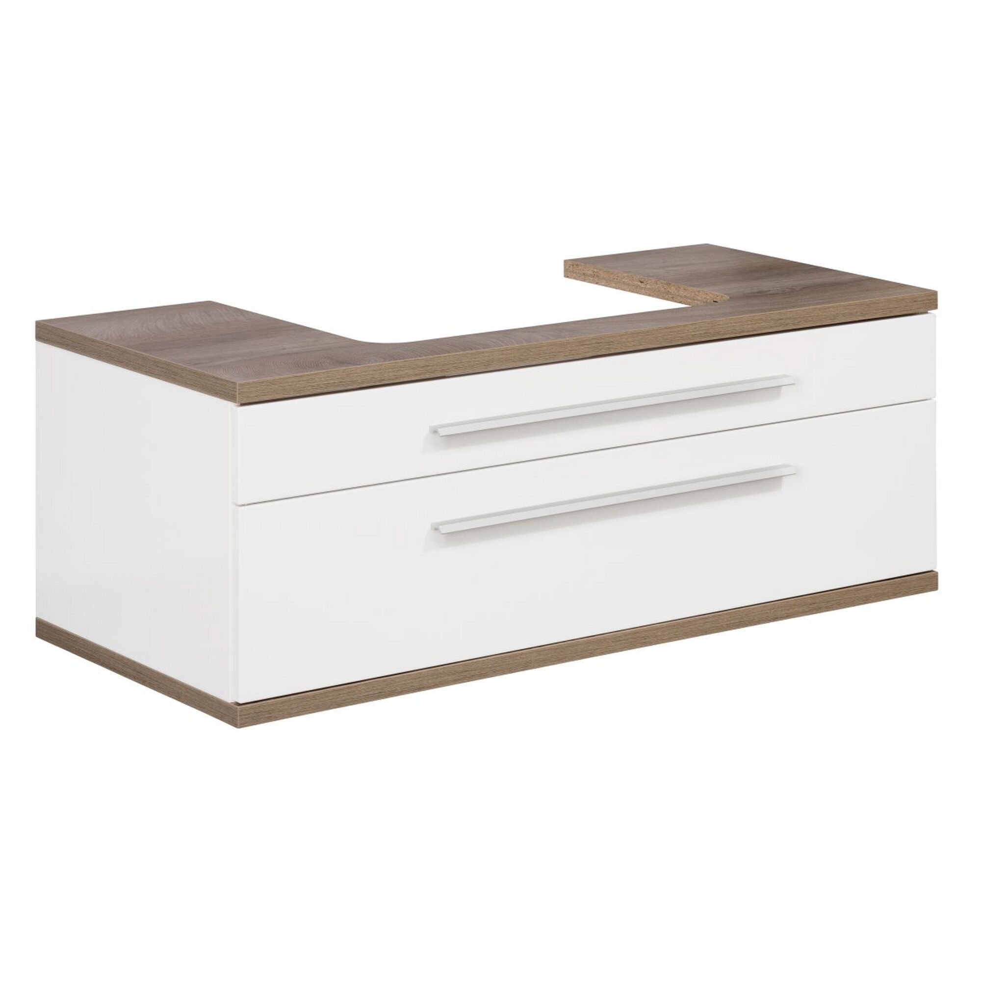 Weißer Waschtischunterschrank mit zwei Schubladen und brauner Ablage.
