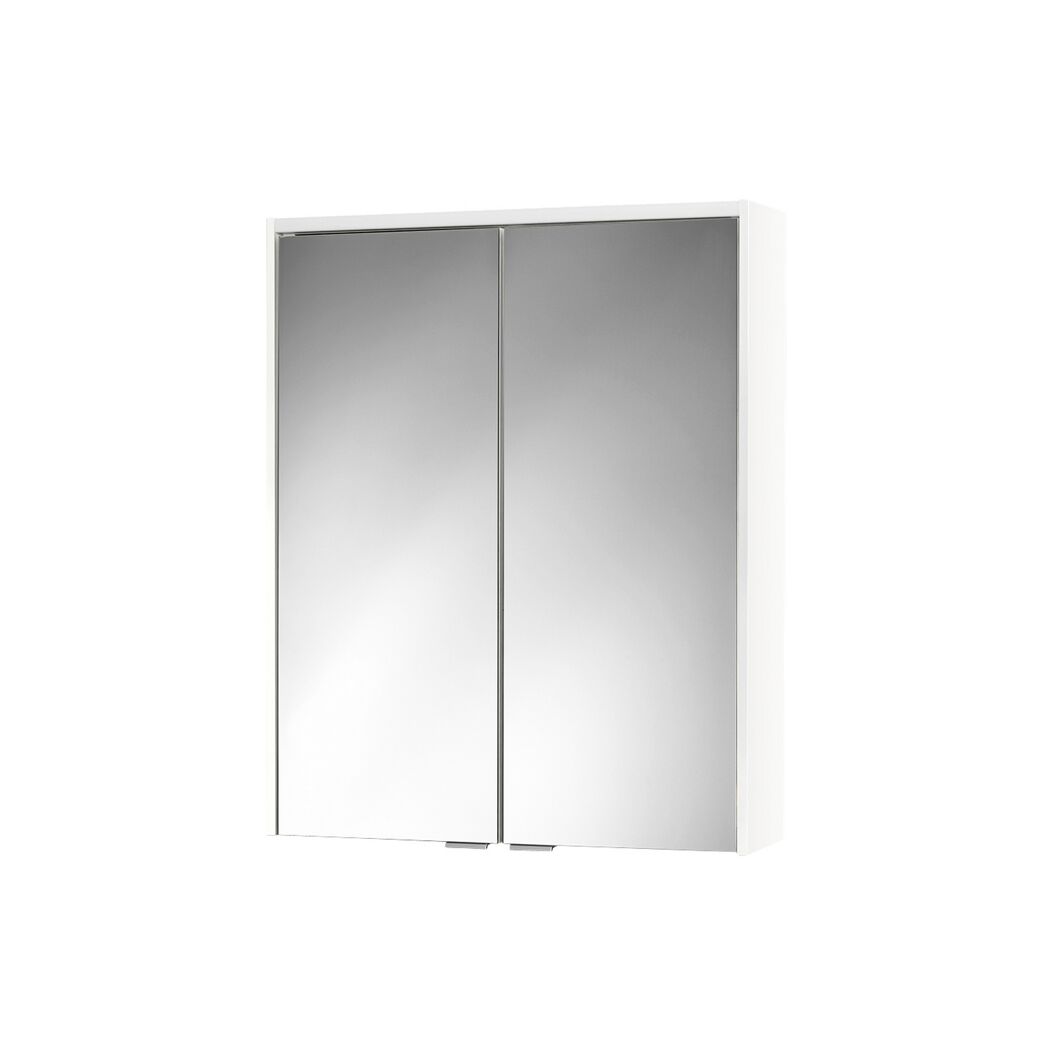 Weißer Spiegelschrank mit zwei Türen.