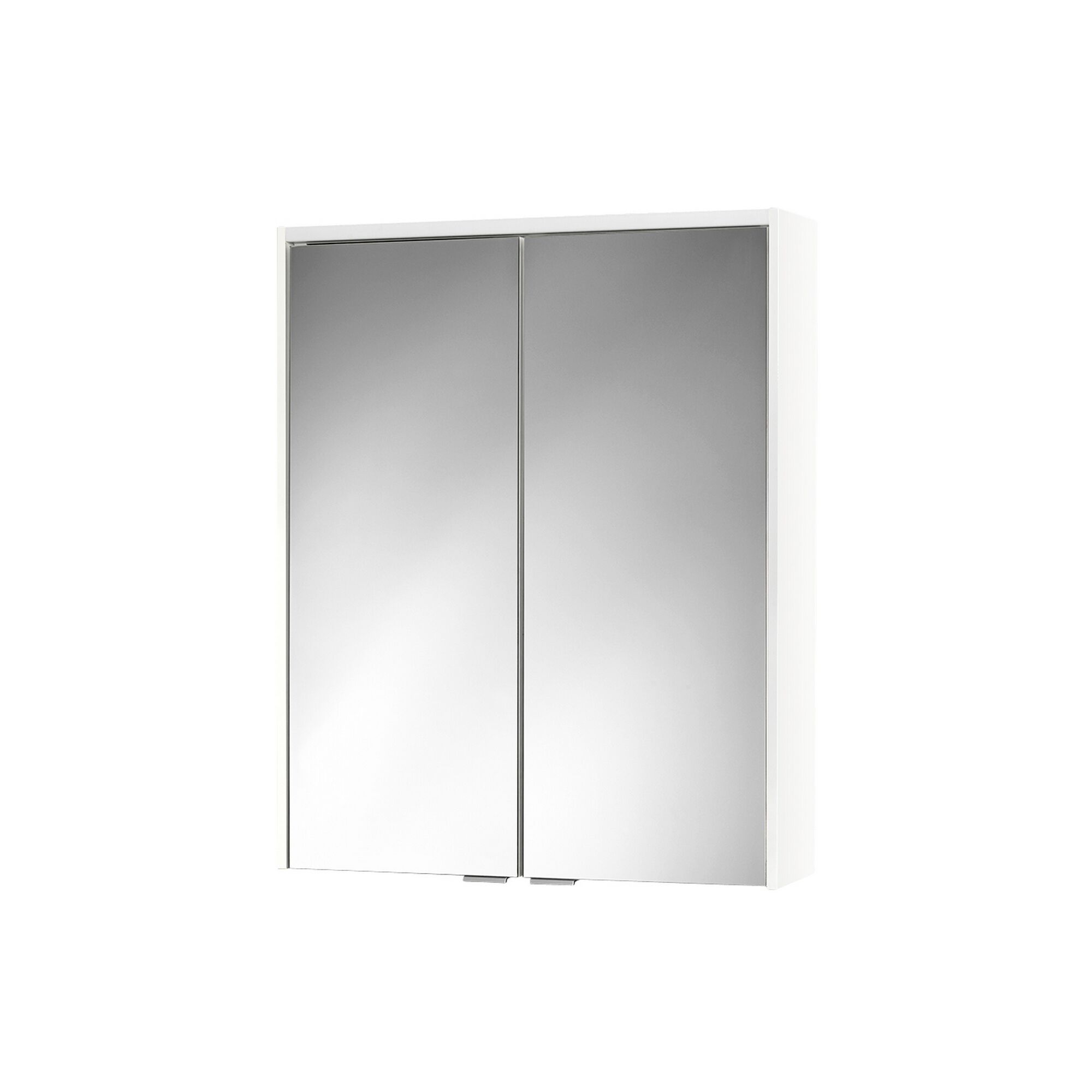 Weißer Spiegelschrank mit zwei Türen.