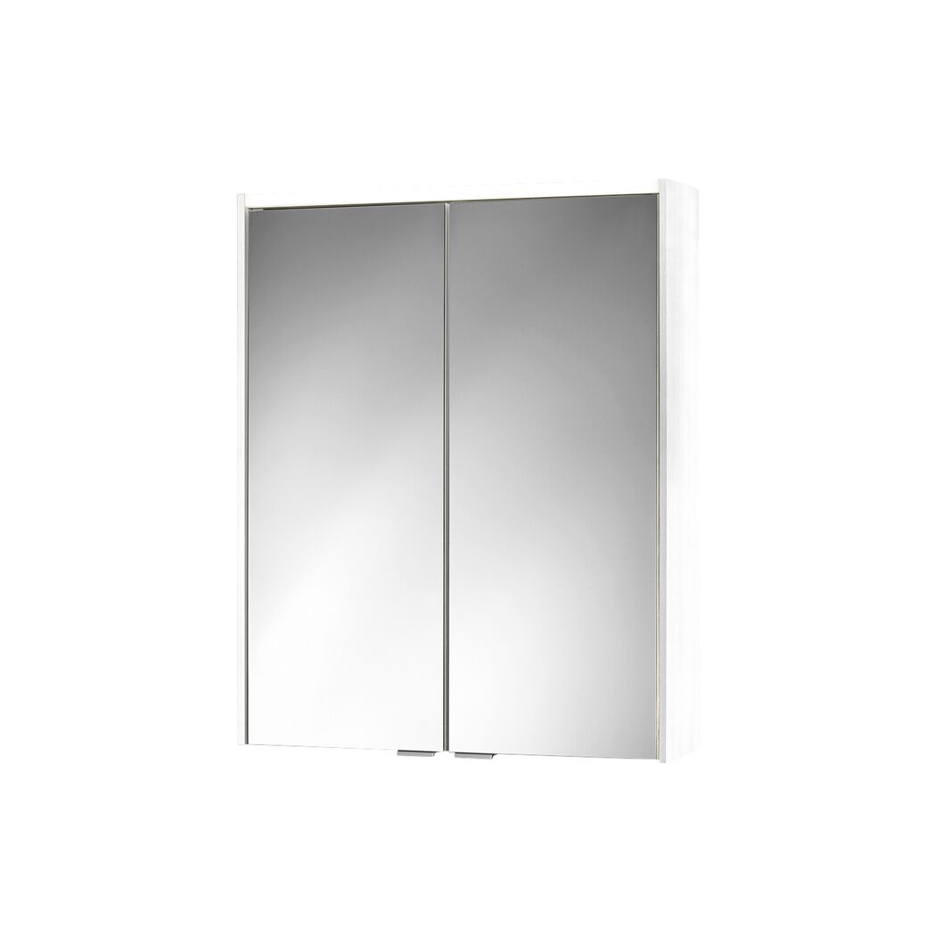 Weißer Spiegelschrank mit zwei Türen.
