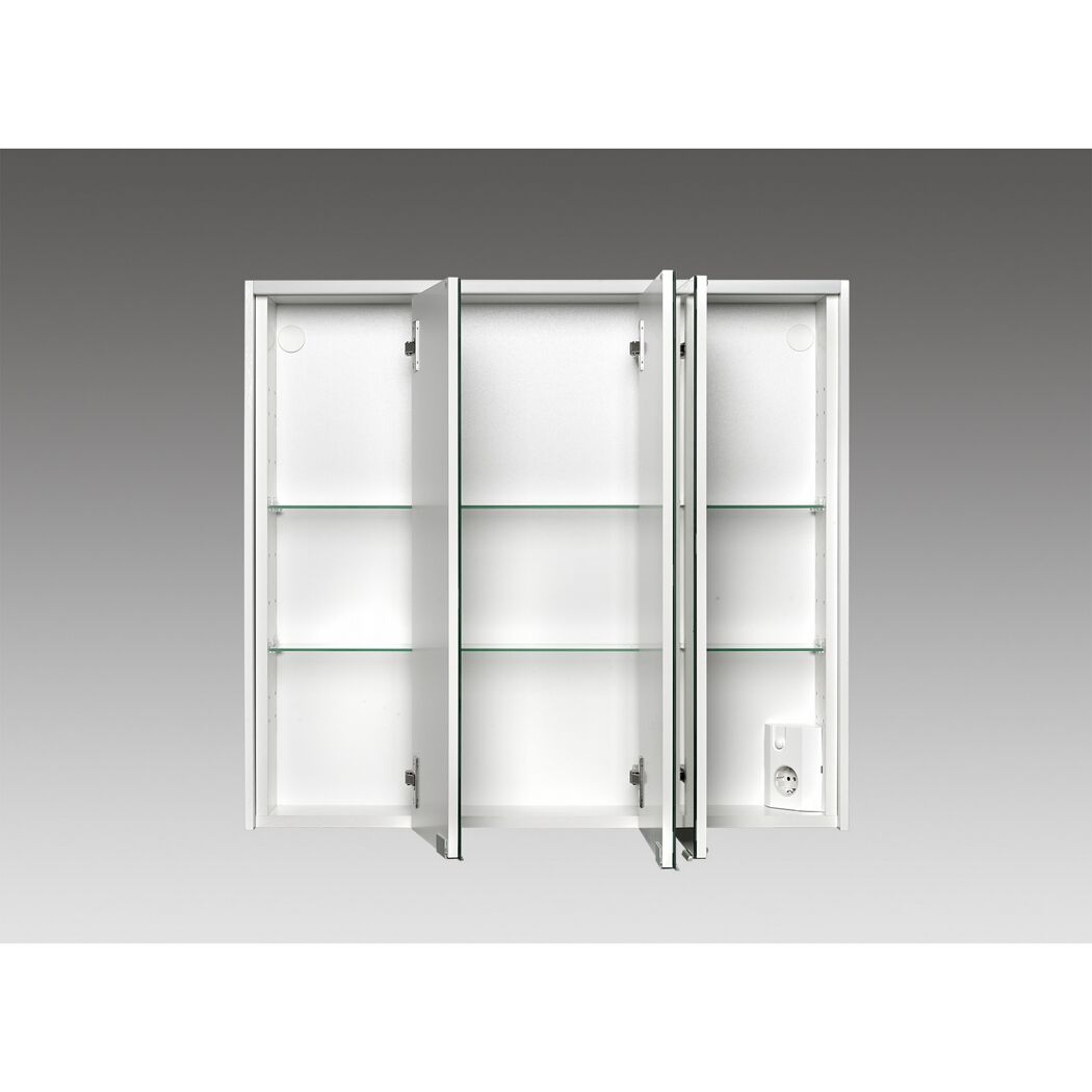 Weißer Spiegelschrank mit drei geöffneten Türen und Glaseinlegeböden.