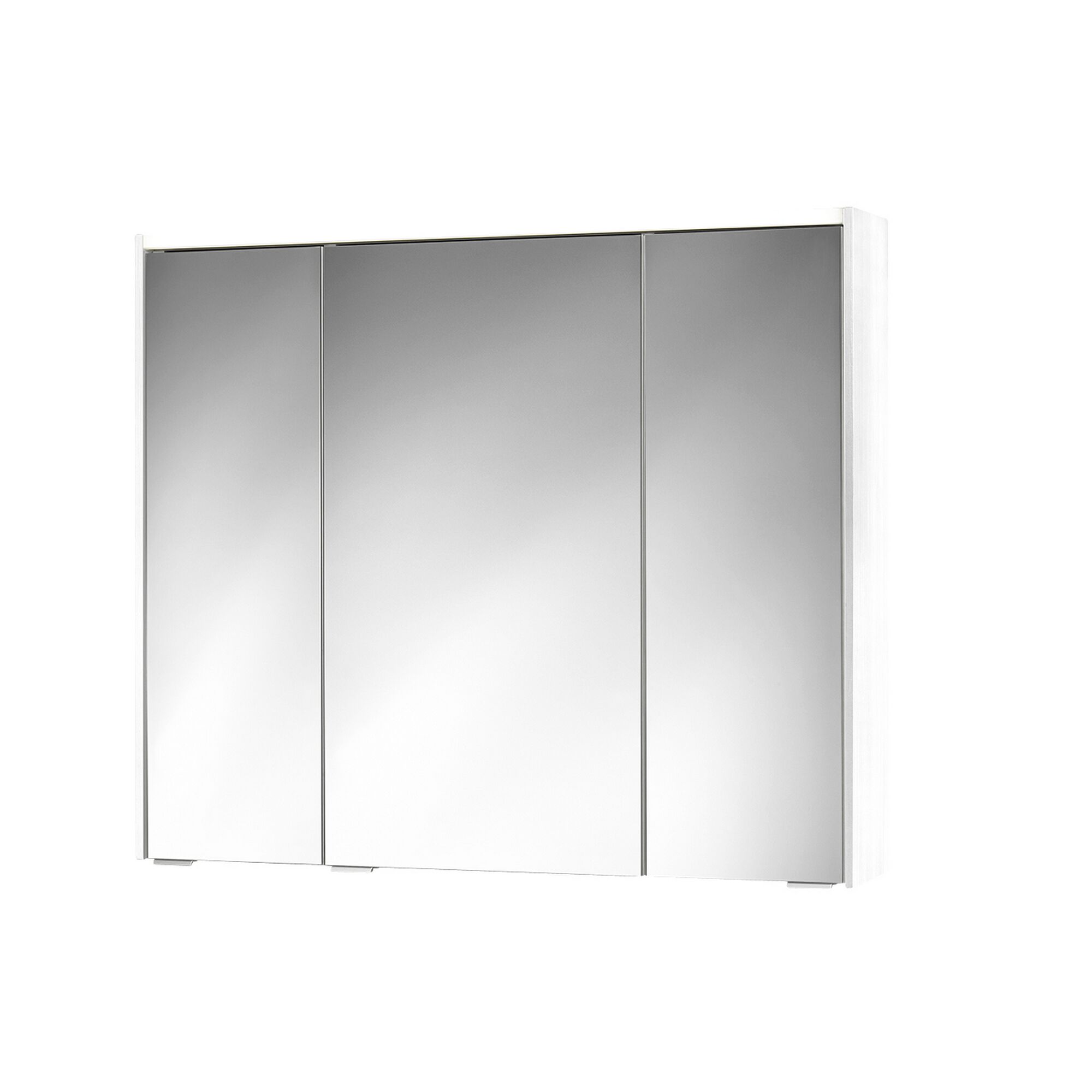 Weißer Spiegelschrank mit drei Spiegeltüren.