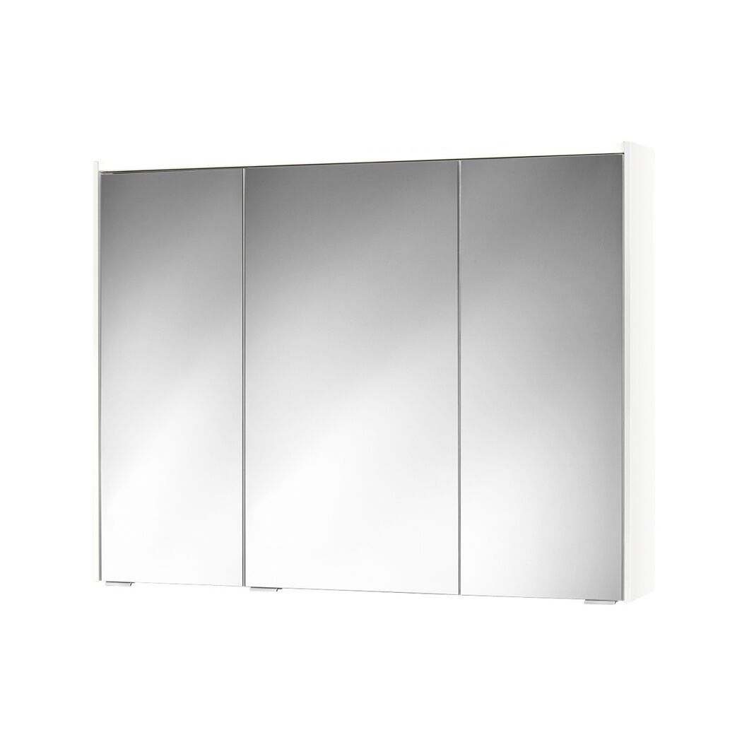 Weißer Spiegelschrank mit drei Türen.