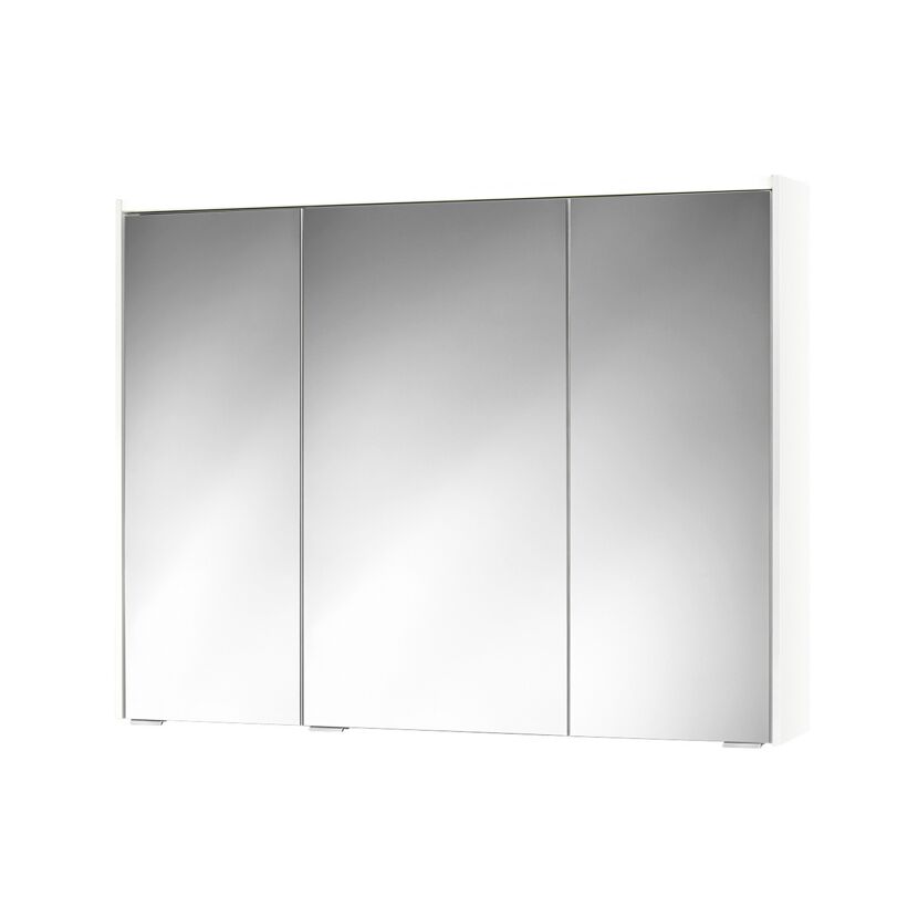Weißer Spiegelschrank mit drei Türen.