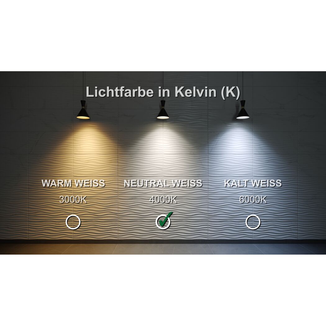 Drei Lampen mit warmweißem, neutralweißem und kaltweißem Licht.