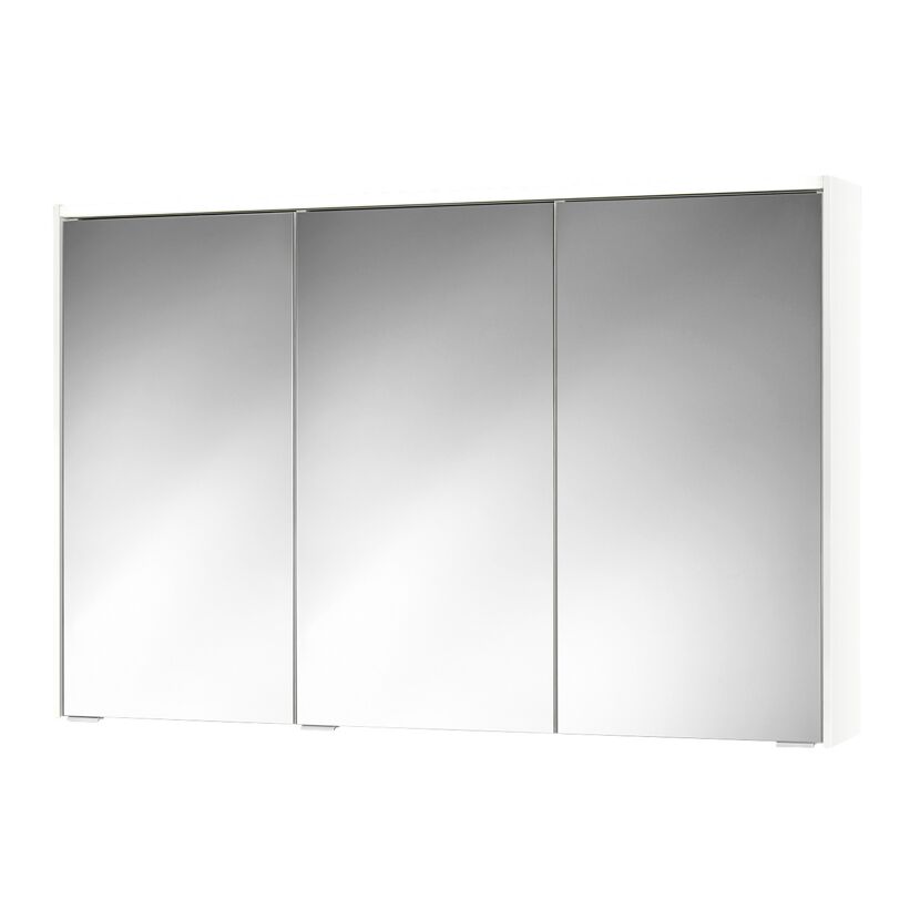 Weißer Spiegelschrank mit drei Spiegeltüren.