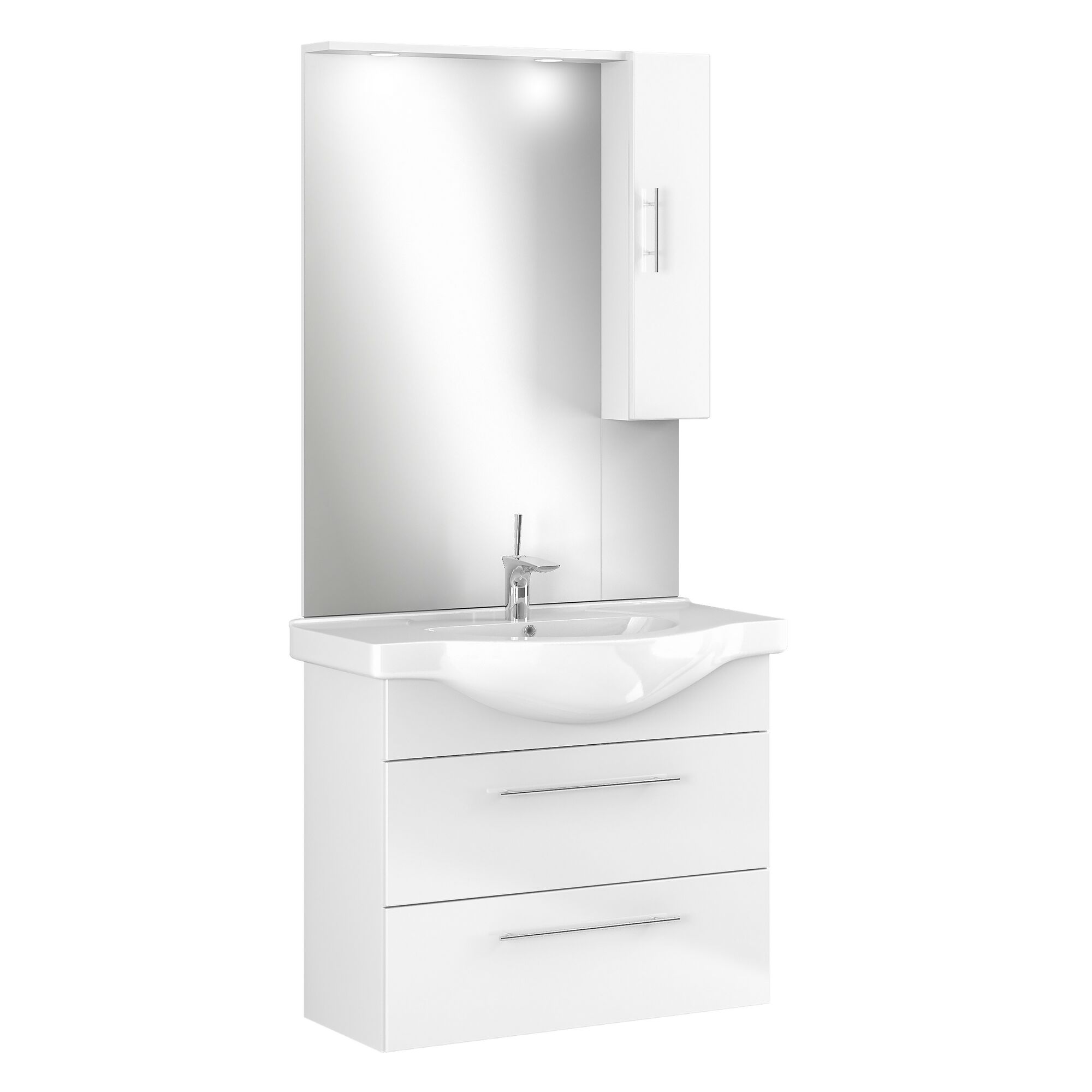 Weißer Waschtisch mit Spiegel und Unterschrank