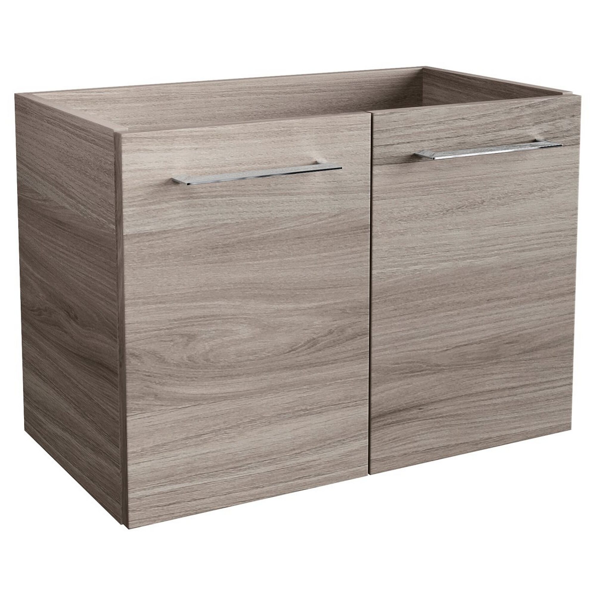 Hängeschrank mit zwei Türen und silbernen Griffen.