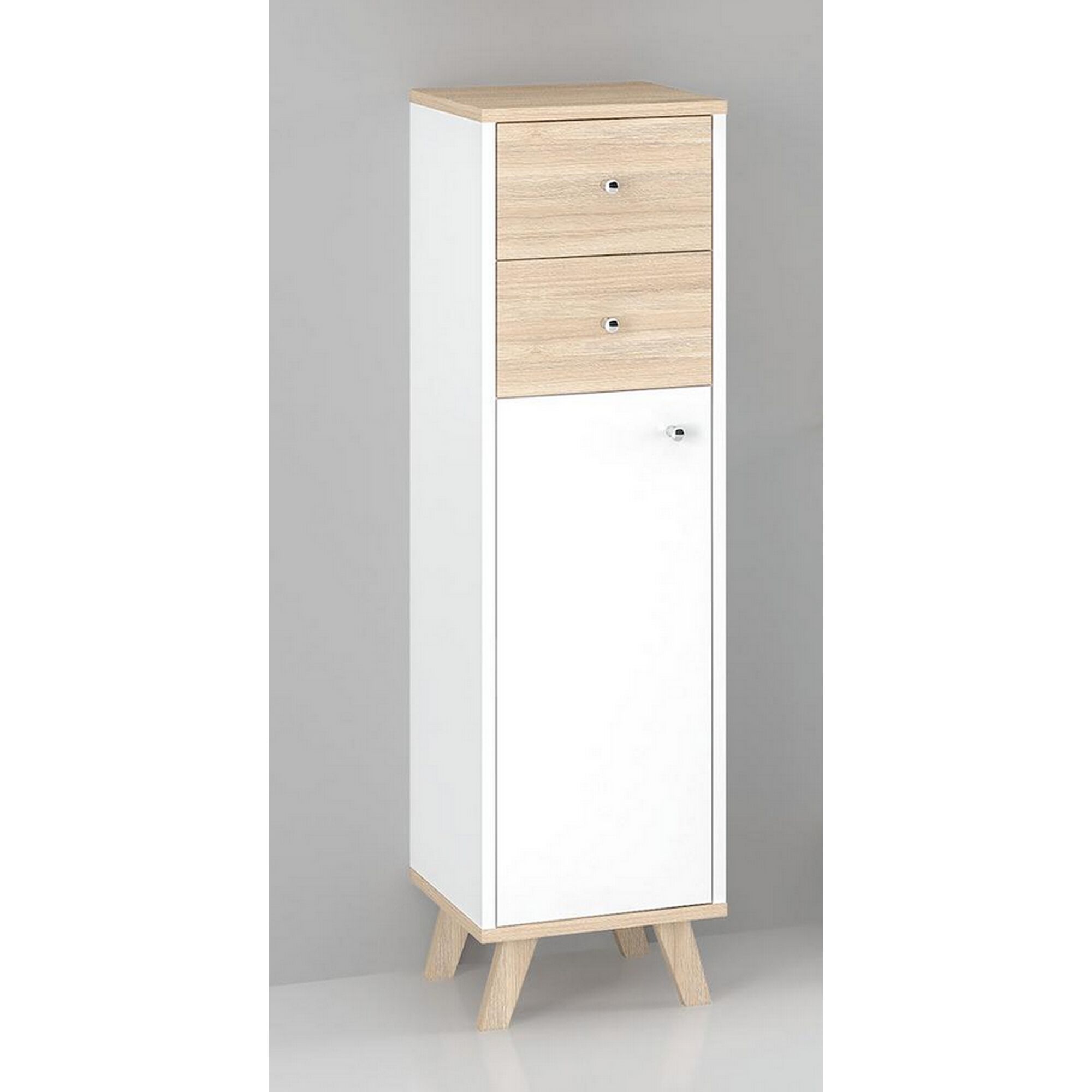 Weißer Schrank mit zwei Schubladen und einer Tür.