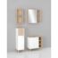 Weißer und holzfarbener Badschrank mit Spiegel und Regalen.