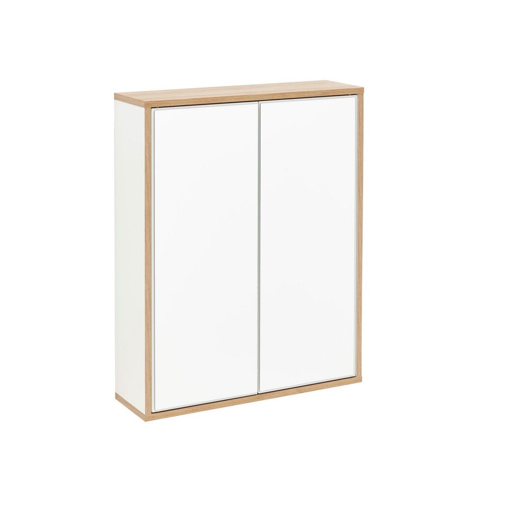 Weißer Hängeschrank mit zwei Türen und Holzrahmen.