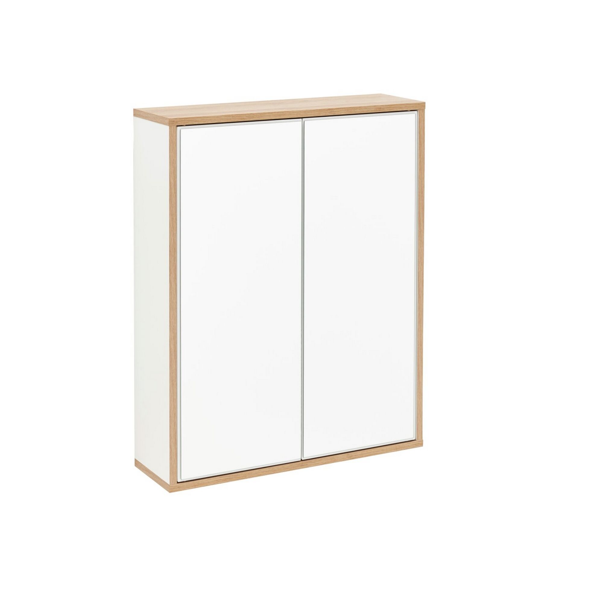 Weißer Hängeschrank mit zwei Türen und Holzrahmen.