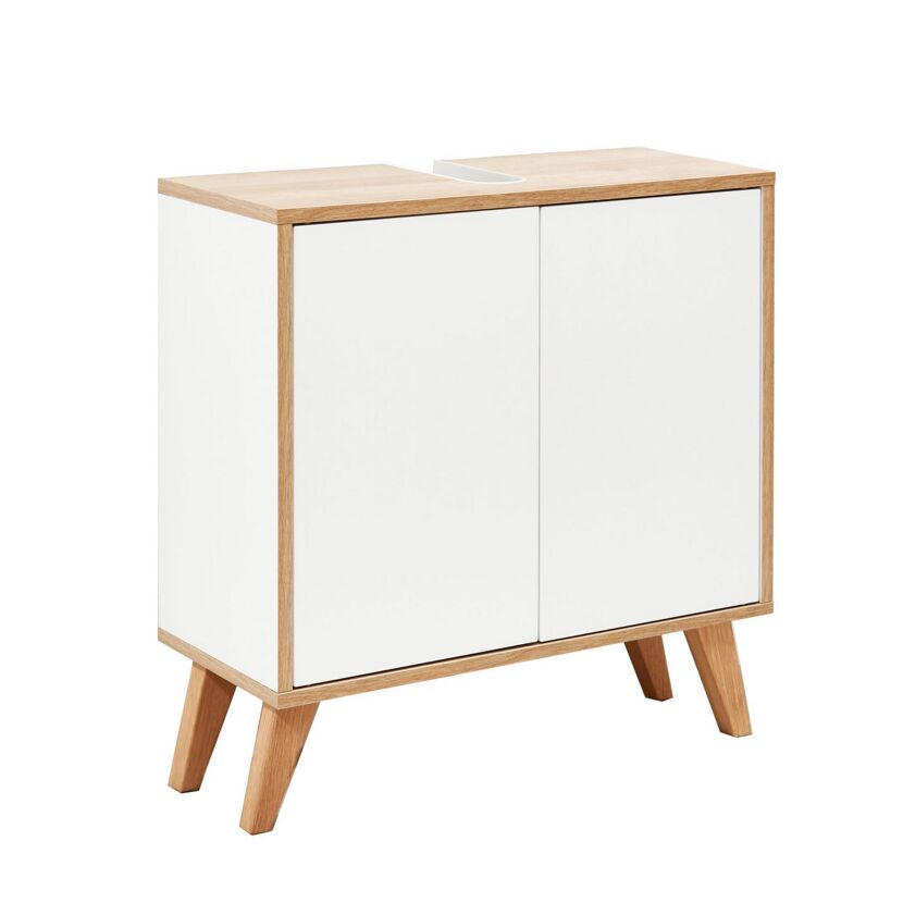 Weißer Waschbeckenschrank mit Holzrahmen und -beinen.