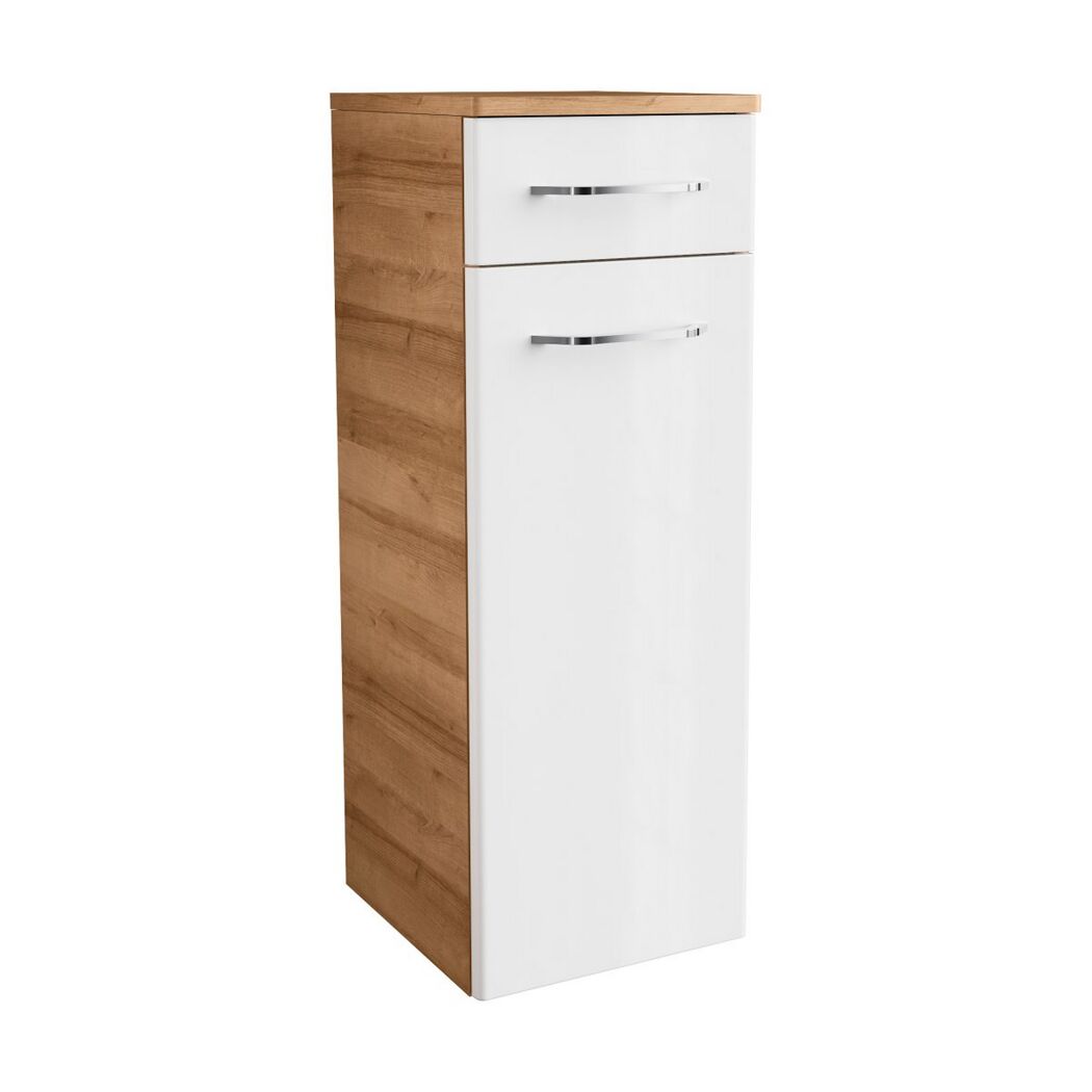 Weißer Hochschrank mit einer Tür und einer Schublade