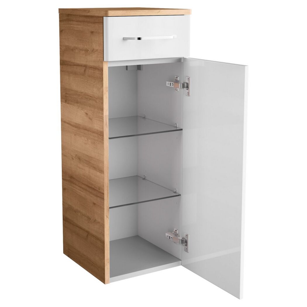 Weißer Hochschrank mit offener Tür und einer Schublade.